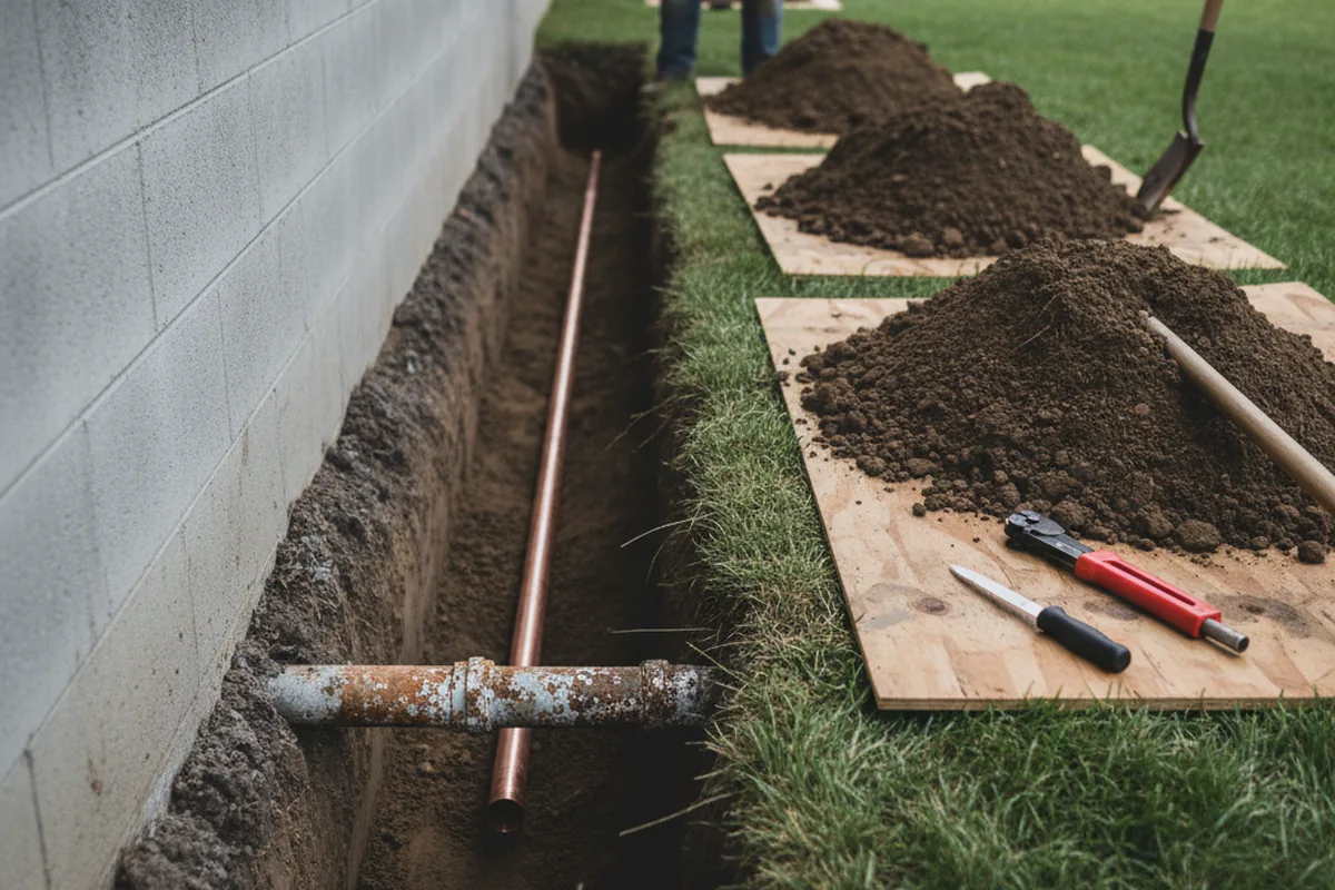 Excavated water line trench during Water Heater Repair in Houston